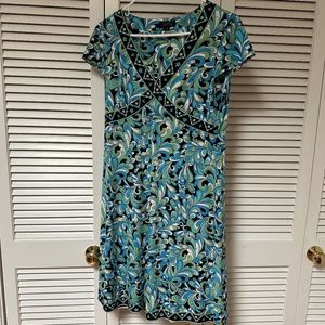 Tahari Dress Colorful Mod Print Poly Stretch V-Neck Size 10